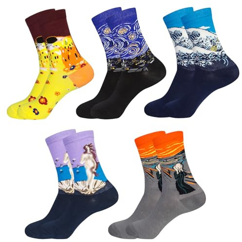 Chalier Cozy 5 Paar Lustige Kunst Socken Damen Baumwolle Bunte Gemusterte Socken Geschenk für Frauen Einheitsgröße Gelb2