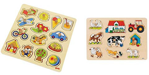 Goki 57576 - Steckpuzzle - Schaukelpferd, Ball & 57908 Steckpuzzle Bauernhof I