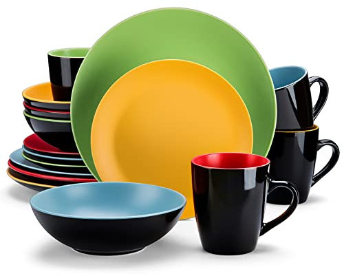 vancasso Allegro Matte Dinnerware Set - 16 Pieces Dinner Set Multicolored Stoneware Crockery with 10.7 inch Dinner Plate 8 inch Dessert Plate 7 inch Bowl and 14 oz Mug, Service for 4