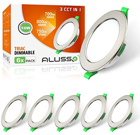 ALUSSO LED Recessed Ceiling Spot Lights Dimmable, 10W IP44 Ultra Slim Downlights 230V 800LM, Warm White 3000K Neutral White 4000K Cool White 6500K Adjustable Lights for Living Room Bathroom, 6 Pack