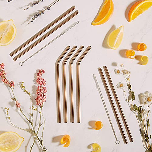 8.5'' Metal Straws Rose Gold, Set of 8 Reusable Stainless Steel Straws and Cleaner, (4 Straight + 4 Bent Reusable Straws Drinking + 2 Brushes)