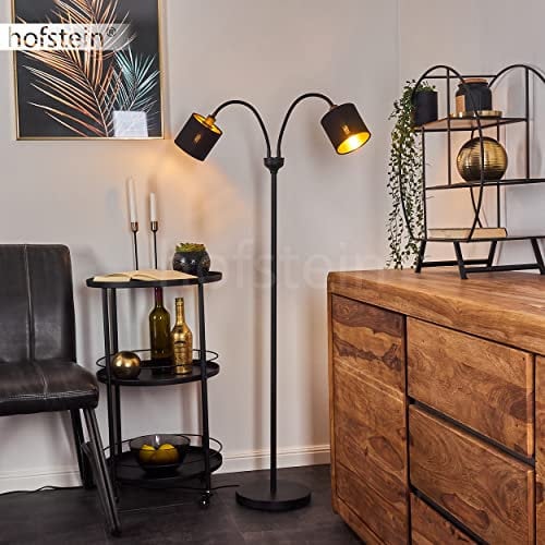 Stehleuchte Alsen, Bodenlampe aus Metall/Stoff in Schwarz/Goldfarbenen, 2-flammige Standlampe mit Stoffschirmen, E14, Leuchtenköpfe sind verstellbar, mit An-/Ausschalter am Gehäuse, ohne Leuchtmittel