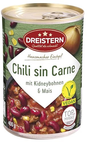 DREISTERN Chili sin Carne 400g I Veganer Eintopf mit Kidneybohnen & Mais I High-Protein mit hochwertigen Nährwerten I Lange Haltbarkeit & ohne zugesetzte Konservierungsstoffe I Hausmacher Qualität