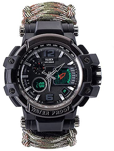 WLDOCA Multifunktionale wasserdichte militärische Taktische Paracord-Uhr Outdoor-Überlebensuhr für Herren Sport-Armbanduhren mit Kompass-Thermometer für Outdoor-Sportcamping,A