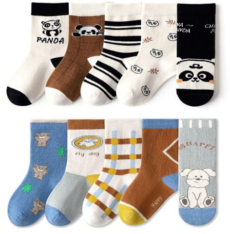 FedMois 10er Pack Kinder Socken Jungen Mädchen Strümpfe Baumwolle, Panda und Hund, Gr. 27-30