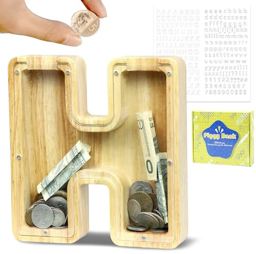 Mikytoper Wooden Letter Money Box for Kids Piggy Bank (H) | Personalised, Transparent Letter Money Bank Creative Gift for Children Boys Girls Decorative Money Box