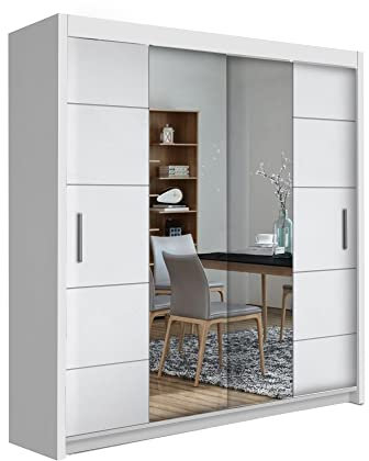 COMFATRA Porto 203cm Double Wardrobe with Sliding Doors Mirror Wardrobe, 2 Door Wardrobe with Hanging Rails & Adjustable Shelves, Space Saving Wardrobe for Bedroom Furniture (White)