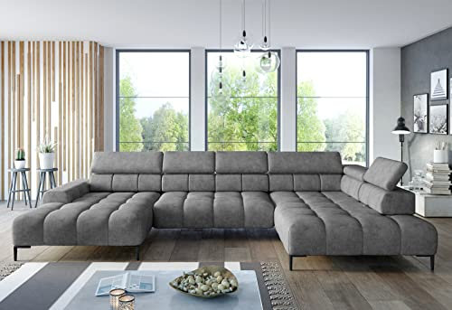 Ecksofa Plaza XL - modern, funktional - komfortable Schlaffunktion, verstellbare Kopfstützen, elektrisch Verstellbarer Sitz, Wellenfedersystem, hochelastischer Schaum (Salvador 14 rechte Seite)