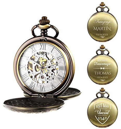 TREEWETO Herren Taschenuhr Personalisiert Gravur Taschenuhr mit Kette Klassische Jahrgang Mechanische Geschenke Geschenk zum Hochzeit Trauzeugen Bräutigam Bester Mann, Bronze