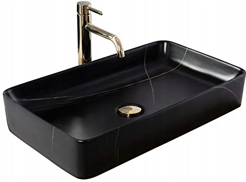 Rea Aufsatzwaschbecken Denis Black Stone Mat Waschtisch Handwaschbecken Waschschale Waschbecken für Badezimmer aus hochwertiger Keramik 610 x 350 x 110 mm (Weiß/Schwarz)