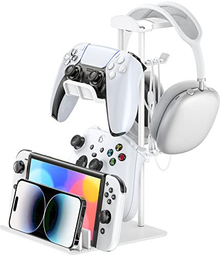 KDD Soporte Cascos Gaming, Soporte Mando y Porta Auriculares Mesa, Soporte con Barra de Aluminio, Headphone Stand Universal para Headset Mando Switch iPad Teléfono Móvil(Blanco)