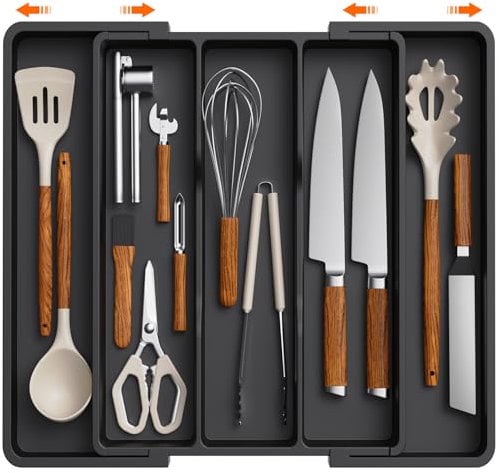 Lifewit Utensil Drawer Organiser, Expandable Large Cutlery Tray for Kitchen, Adjustable Silverware Flatware Holder, Plastic Kitchen Spatula Tools and Gadgets Storage Divider, Large, Black