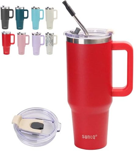 SUNTQ 40oz Mug Isotherme avec Paille et Poigné - Gobelet Paille de Bureau et Voiture en Acier inoxydable, Élégant et Durable - Gobelet Isotherme pour les boissons chaudes et froides(Rouge)