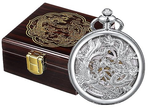 ManChDa Antike Mechanisch Taschenuhr Lucky Drachen und Phoenix Schwarz Skelett mit Box Silber