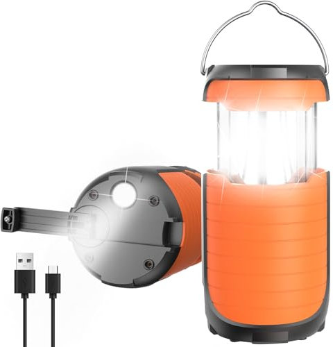 Juvihuxy Luz LED de camping de 5000 ma con energía solar, manivela de mano, luces de camping recargables USB-C, linterna recargable, luz de supervivencia portátil, resistente al agua, para cortes de