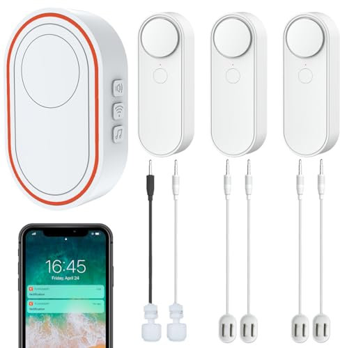 Kit de détecteur d'eau Wi-Fi, 1 hub intelligent, 3 capteurs sans fil, 4 sondes de fuite, 2 sondes flottantes pour le niveau d'eau, haut/bas/fuite peut être détecté simultanément, surveillance par