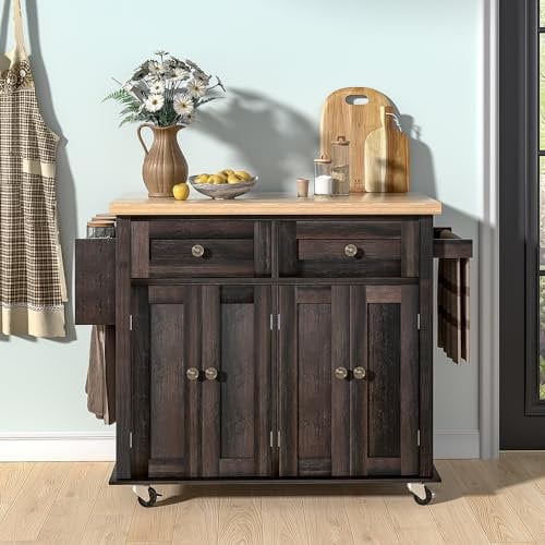 Warmiehomy Kitchen Island on Wheels Large Kitchen Trolleys with Storage Cabinet, 360°Casters, 2 Shelves and 2 Drawers, Mobile Utility Kitchen Storage Islands & Carts, 90 * 40 * 83CM, Deep Brown