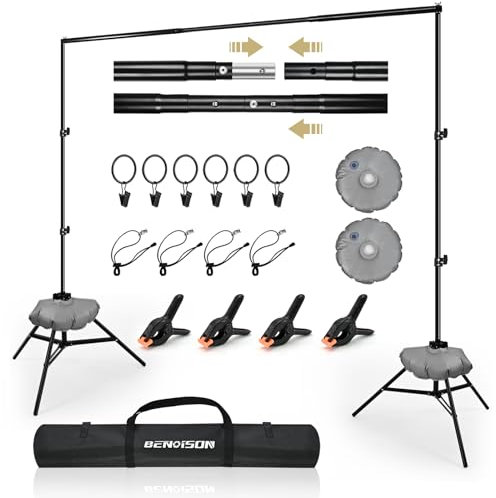 BENOISON Foto Hintergrund Ständer - 2x3m Verstellbarer Hintergrundsystem Fotostudio Hintergrund mit 8 Hintergrundklemmen & 2 Wassersack für Fotografie Video Porträt