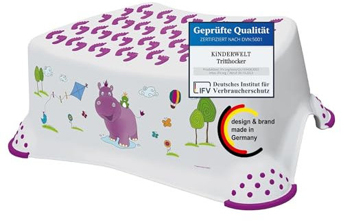 KiNDERWELT Premium Tritthocker für Kinder und Babys, Hippo Design in Weiß, Tritthocker Stufe für Kleinkinder ab 18 Monaten, abwischbar, rutschfest und BPA-frei