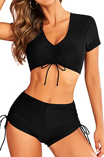 SHEKINI Women's High Waisted Bikini Set V Neck Short Sleeve Padded Drawstring Two Piece Bathing Suit Swimsuit Black, X-Large