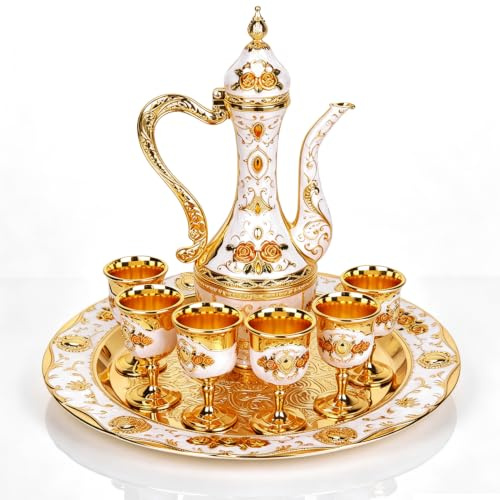 Vintage Turkish Tea Pot with 6 Coffee Cups, Turkish Coffee Pot Set Metal Coffee Pot Teapot Russian Style Wine Pot Kit Tea Tray Teapot and Tea Cups for Wedding Gift(Golden White)