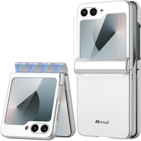 Miimall for Samsung Galaxy Z Flip 7 FE/Z Flip 6 Case, Samsung Flip7 FE Case with Screen Protector & Magnetic Hinge Protection, Hard PC Slim Shockproof Full Protective Cover for Flip6-Silver