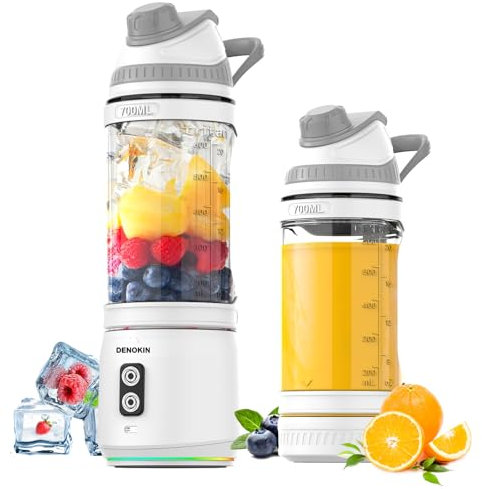 DENOKIN Tragbarer Mixer, 700ml Smoothie Maker to Go, Mini-Standmixer mit 6-Klingen Edelstahl, Wiederaufladbarem Typ-C Portable Blender mit Reisedeckel, BPA-freie, Blade-Reversal-Technologie