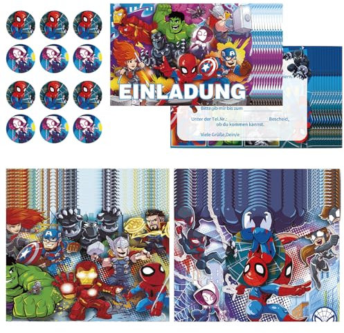 COQOYO Superhelden Einladungskarten Kindergeburtstag Jungen, 12pcs Geburtstag Einladungen auf Deutsch, Partyeinladungen mit Bunte Umschläge und Runde Aufkleber, Cartoon Einladung Set für Kinder Party