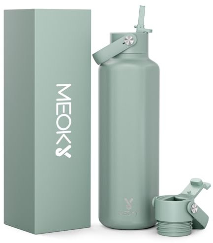 Meoky Insulated Water Bottle for Men: 24 oz Stainless Steel Water Bottle with Straw and Flip Lid for School Bag - Commuters, Sage