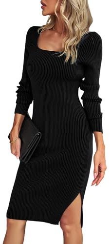 Odizli Jumper Dress for Women UK Elegant Autumn Winter Warm Long Sleeve Square Neck Knitted Ribbed Bodycon Midi Sweater Dresses with Slit Ladies Party Wedding Guest Knitwear Black S