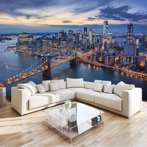 Fototapete Fotografie New York Brooklyn Bridge 3D Effekt Vlies Tapeten Wandgemälde 200 x 140 cm Moderne Wanddeko Design Wandtapete Blau Wohnzimmer Schlafzimmer Büro Flur Wandgemälde