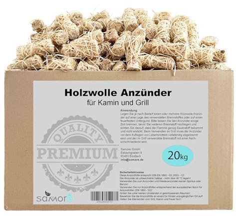 Bio-Kaminanzünder und Öko-Grillanzünder aus Holzwolle inkl. XXL Powerstick, pflanzliches Wachs, Kohleanzünder | Wachsanzünder | Anzündwolle | Anzündhilfe ohne Rückstände (20,0 kg (ca. 1600 Anzünder)