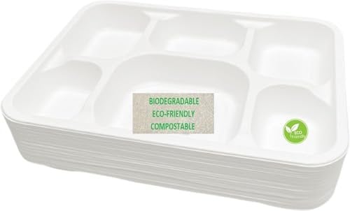STRONG 6 COMPARTMENT DISPOSABLE PLATES for LUNCH, DINNER, HOT & COLD FOODS 32X22X5cm PACK OF 25, Ecofriendly Biodegradable Disposable Plates, Microwave Safe, Strong & Sturdy, Birthday Party Plates