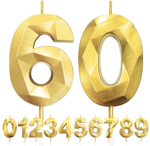 Geburtstagskerzen Zahlen 60, 5cm 3D Gold Geburtstagskerzen, Kerzen Geburtstag, Zahlenförmige Kerze, Tortendeko Geburtstag für Geburtstag Party, Hochzeiten, Jubiläen, Birthday Candle Nummer 60