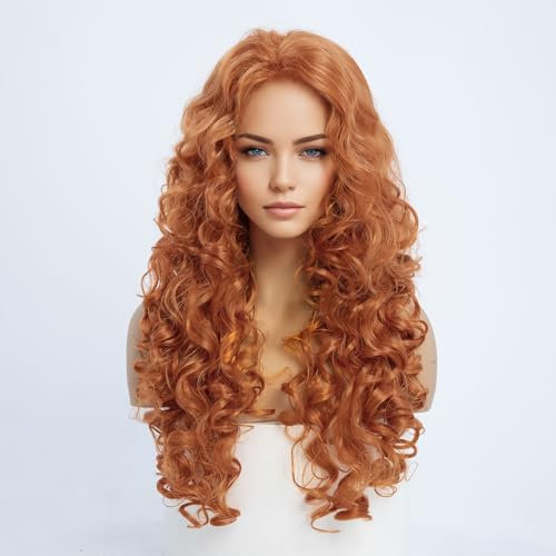 SIMKAYLEE Wellen Perücke Rot Orange Lang für Frauen Rote Locken Perücke Damen Lockig Merida Kostüm Perücke für Karneval Halloween Fasching Cosplay (60cm)