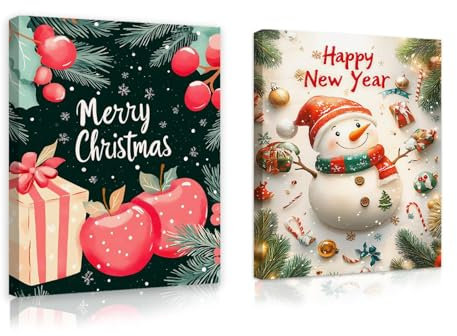 Via Vela Weihnachtsbilder Wanddekoration 2 Stück süße Schneemann Apfel Mistel Glocke Poster Drucke Urlaub Dekor Leinwand Wandkunst für Schlafzimmer 40x60cmx2ps Innenrahmen