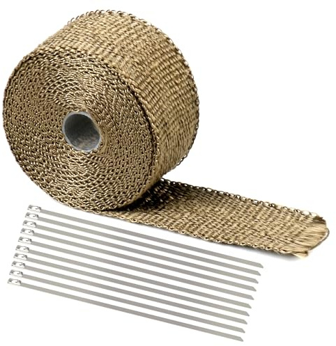 Hitzeschutzband Auspuff, 15M*5CM Auspuff Dichtband gelb mit 10 Kabelbinder Edelstahl, Basalt-Heizband für Auspuffhitzeschutz, Krümmer-Heizband für Motorrad-Krümmer