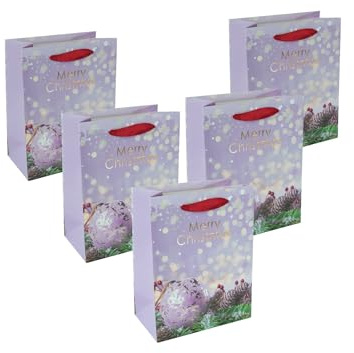 SIGEL Premium Geschenktüten Charming Christmas 18 x 23 cm 5er Set | GT126/5, weihnachtliches blau-grünes Motiv mit Seidenbandgriffen