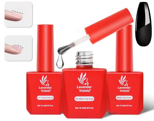 Lavender Violets 3pcs 15ml Top Coat Base Coat Set for Gel Nail Polish, 5 in 1 Builder Base Gel No Wipe Matte & Shiny Top Coat, Long Lasting High Gloss and Matte Effects for DIY at Home A024