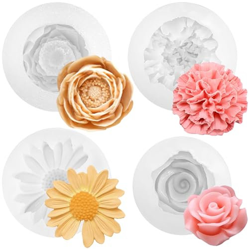 TZEKING 4 Pezzi Stampi in Silicone per Resina Fiore,Stampo per Candele in Silicone,Stampo per Candele in Silicone 3D,Stampo in Silicone 3D per fiori di Peonia Daisy,per Fare Candele,Sapone