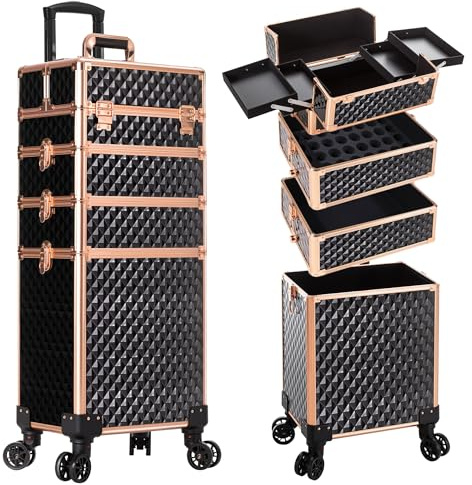 Arous Kosmetikkoffer Trolley, 4-in-1 Groß Kosmetik Trolley Schminkkoffer mit Rollen Friseurkoffer Alu Beauty Case Nagelkoffer Multikoffer