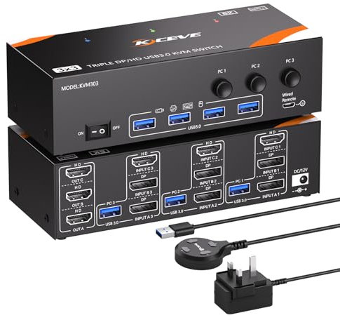 8K@60Hz KVM Switch 3 monitors 3 computers, triple monitors KVM switch 4K@144Hz for 3 computers sharing 3 monitors and 4 USB 3.0 devices, power supply, wired remote control and USB cables includes