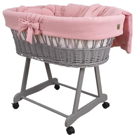 Wiklinopol Couffin Bébé Amelia en Osier avec Support et Matelas – Berceau à roulettes en Gris – Ensemble 4 Pièces de Linge en Mousseline Rose – Portable et Idéal pour Nouveau-Né