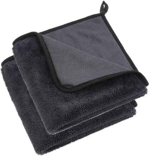 Bmeigo 2pcs Double-Sided Bathroom Drying Cloth 600gms, Magic Microfibre Towel Shower Cloths Ultra-Absorbent Lint-Free Soft for Cleaning Car, Window, Glass, Mirror, Kitchen(Black, 40x40cm)