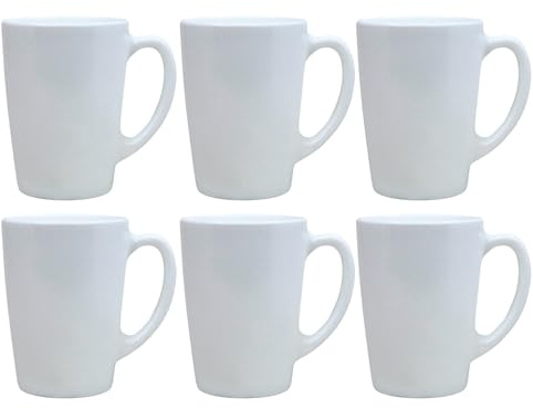 UNIQUE HOME LIVING Coffee Mugs Set of 6, 320ml White Opal Glass Tea Mugs for Milk Hot Drinks Chocolates Latte Coffee Cups with Handle, Sturdy & Reusable, Microwave and Dishwasher Safe