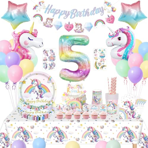 Einhorn Deko Kindergeburtstag 5, 5 jahre Einhorn Geburtstagsdeko Mädchen, Einhorns Party Deko, Pappteller Pappbecher Servietten Tischdecken Banner Luftballons, Für 5. Pappteller Kindergeburtstag