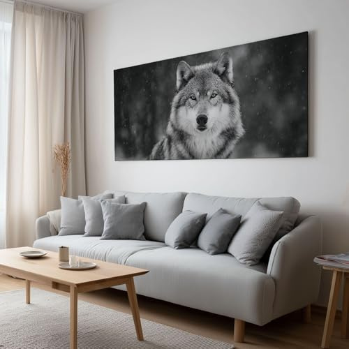 Wandbilder Leinwand 140 x 70 cm Groß Wanddeko Schlafzimmer Wohnzimmer Kunstdruck Aesthetic Leinwandbilder Gemälde Foto Geschenk Schwarz Weiß HD Wolf