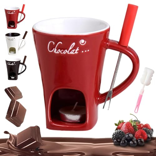 Chocolate Fondue Mug, Chocolate Melting Cup, Ceramic Handmade Chocolate Melting Cup Tea Light with Candle and Fork for Chocolate, Cheese, Butter, for Candy Snack Caramel Party (Red)