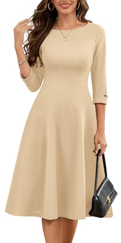 HomRain Wedding Guest Party Dresses for Women 3/4 Sleeve Bridesmaid Dress Modest Graduation for Teens Evening Cocktail Midi Dresses with Pockets, Champagne M