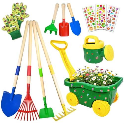 Carretilla para Niños, 13pcs Carretilla Niño Set Jardinería, Juego Herramientas de Jardín para Infantil con Pala, Escoba, Rastrillo y Rastrillo de Hojas, Pulverizador Juguetes de Arena Exterior (B)